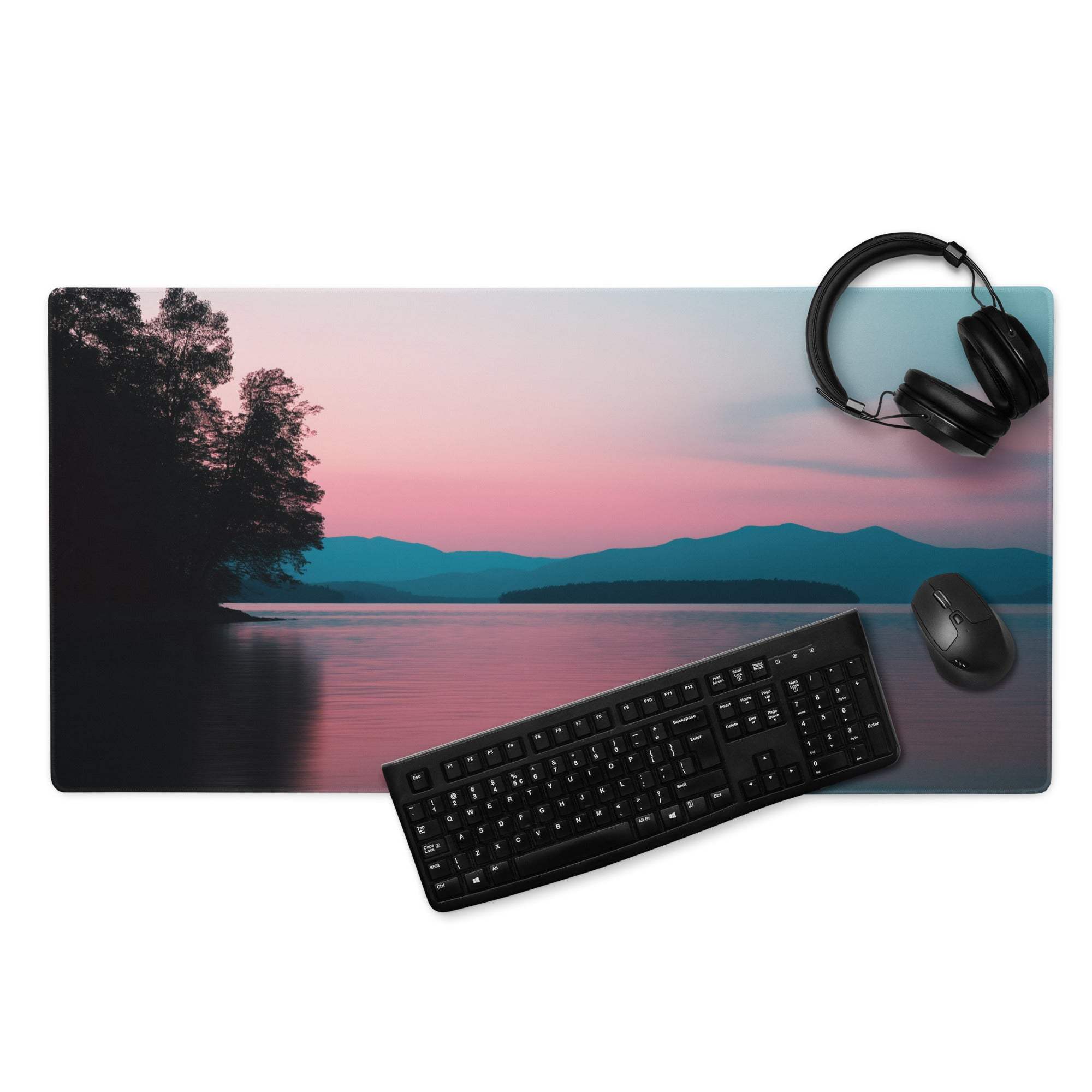 Scenic sunset lakeside mouse pad with non-slip backing, large surface