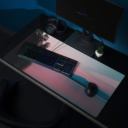 Scenic Sunset gaming mouse pad with pink-teal gradient, tree silhouette, large non-slip surface