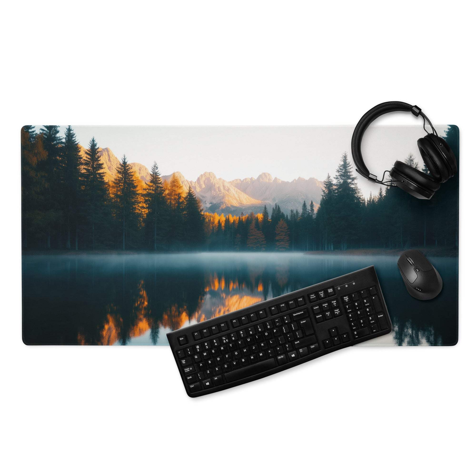 Golden Hour Mountain Landscape large gaming mouse pad with serene lake scene