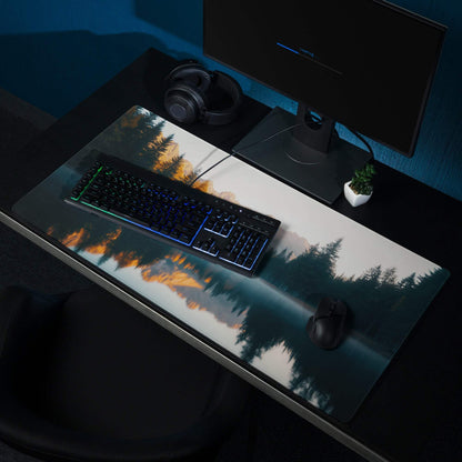 Golden Hour Mountain Landscape large gaming mouse pad with serene forest scene
