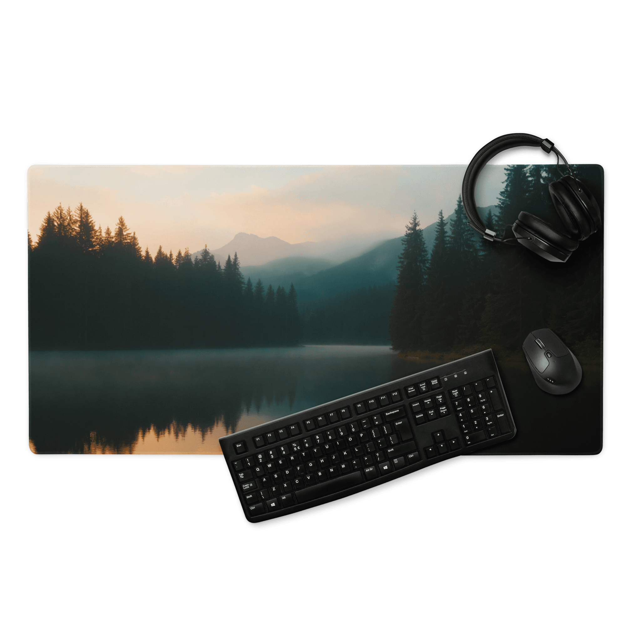 Large Forest Lake Dawn gaming mouse pad with serene sunrise scene