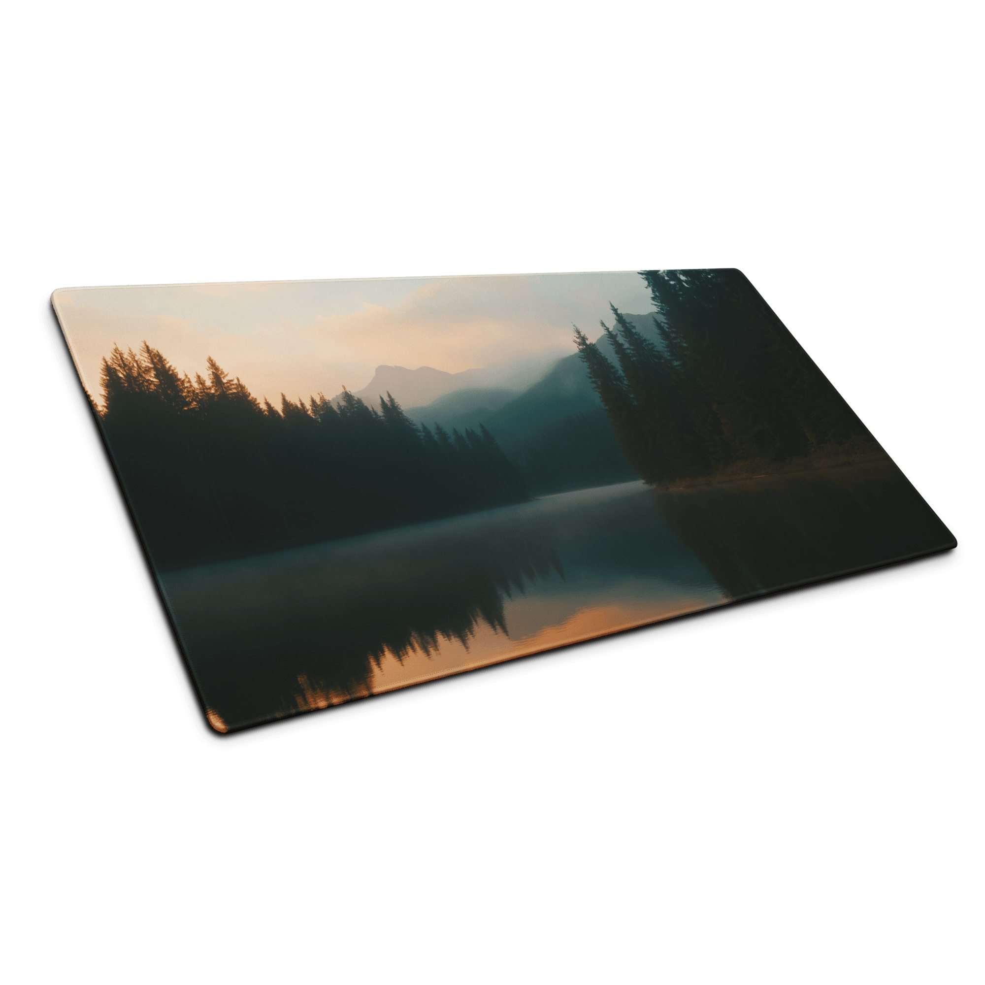 Large forest lake dawn scene in transparent acrylic frame on gaming mouse pad