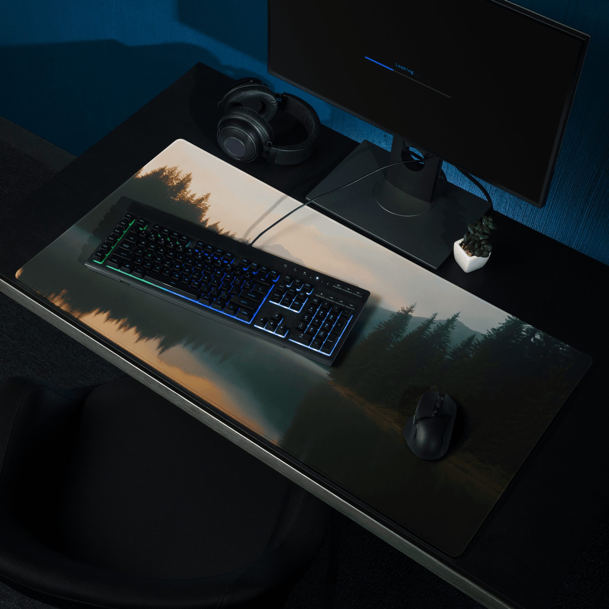 Large Forest Lake Dawn gaming mousepad with serene dusk forest scene