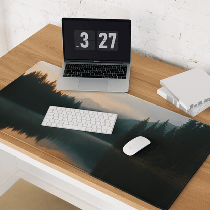 Large Forest Lake Dawn gaming mousepad with green-orange gradient trees and misty mountains