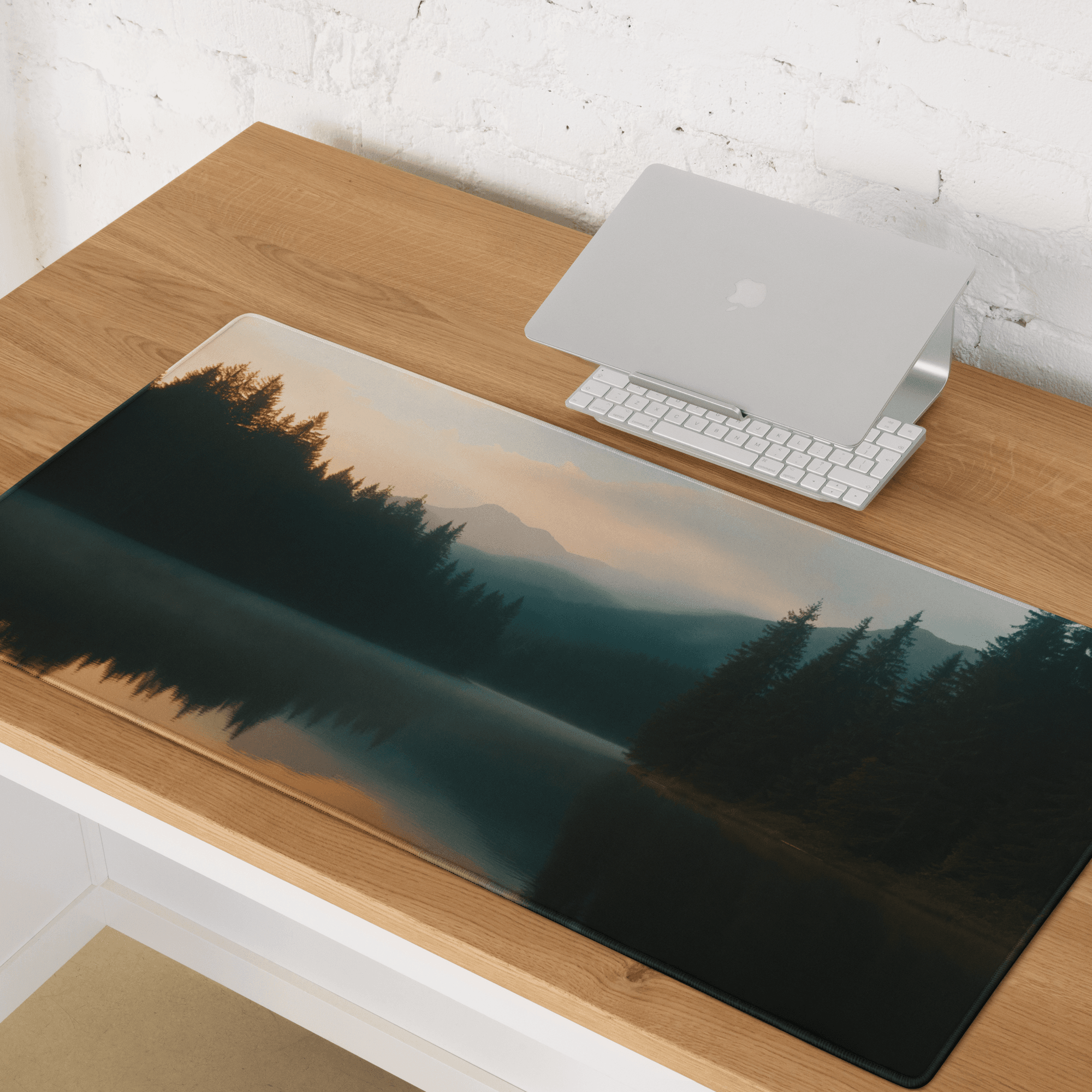 Large Forest Lake Dawn gaming mouse pad with serene misty landscape