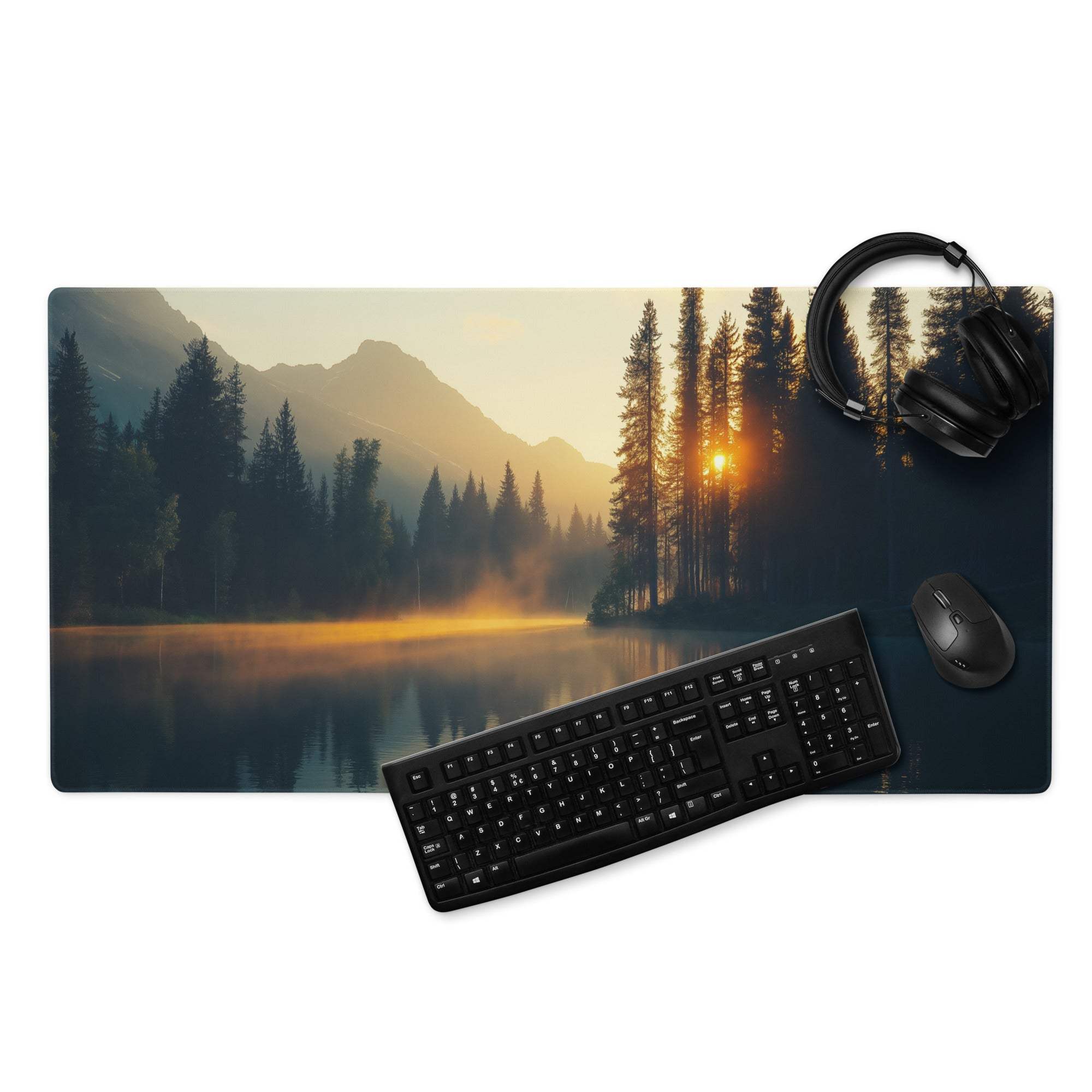 Nature sunrise forest lake gaming mouse pad with serene mountains and pines