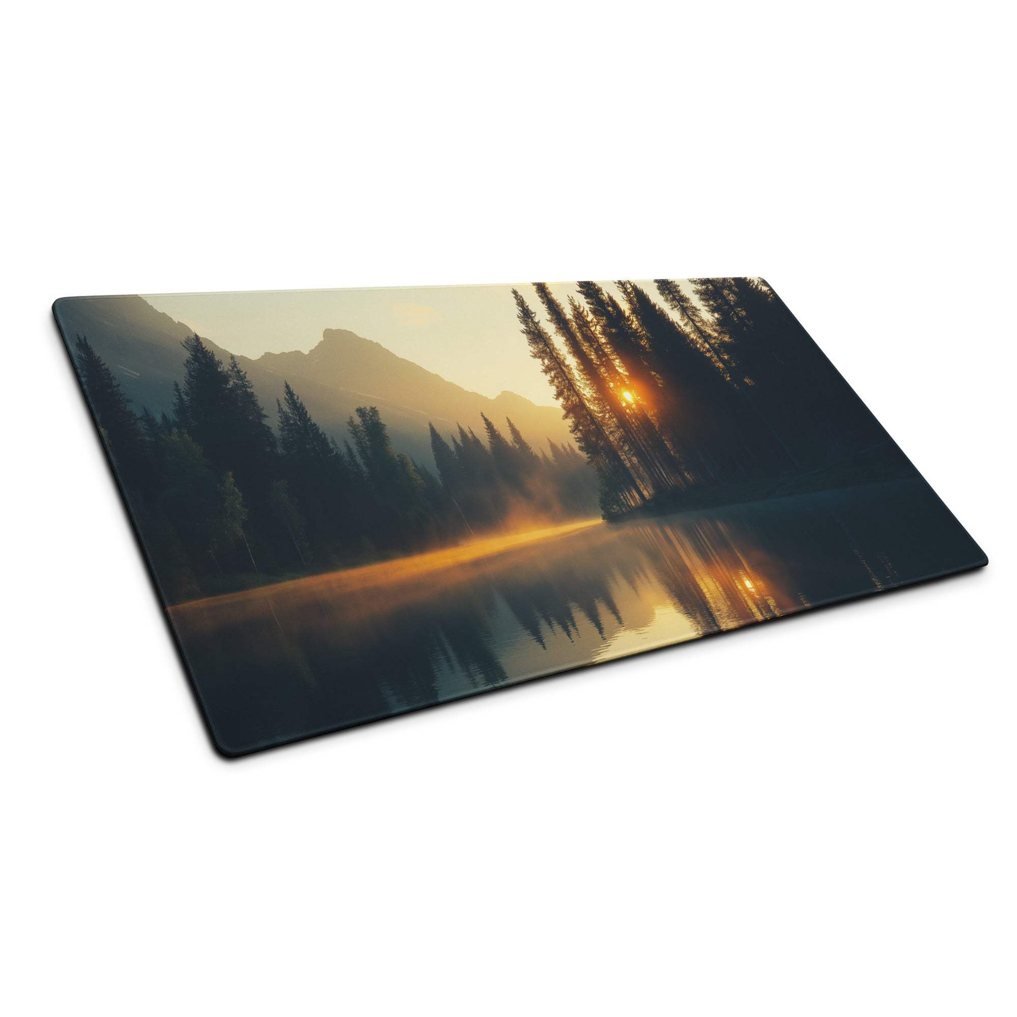 Nature-inspired sunrise forest lake rectangular gaming mouse pad with landscape print