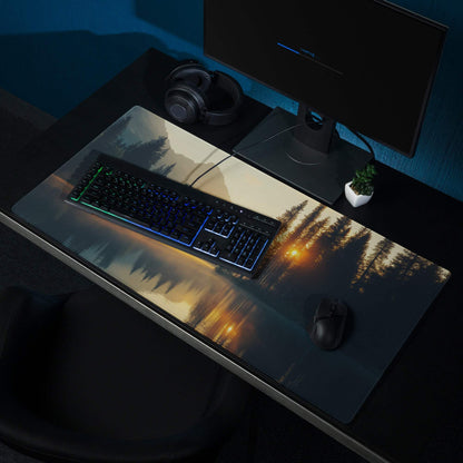 Nature sunrise forest lake gaming mousepad with scenic sunset view