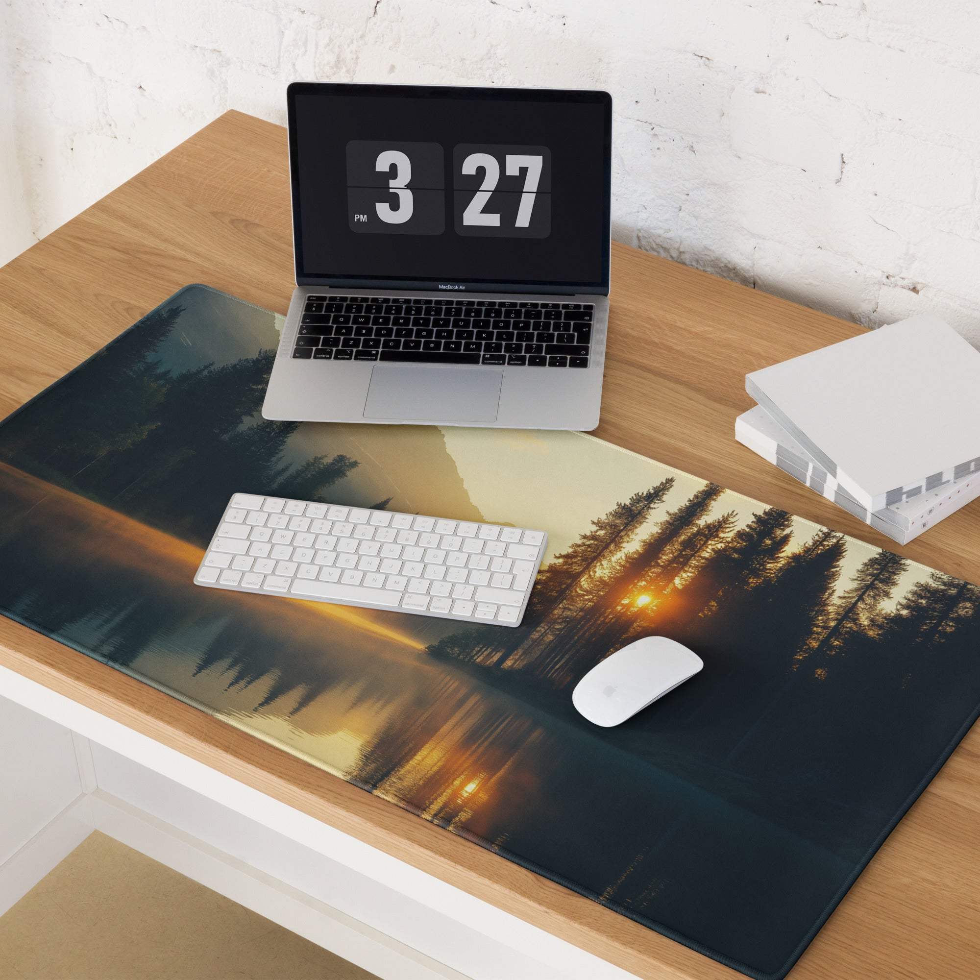 Large nature-inspired sunrise forest lake gaming mouse pad with edge stitching
