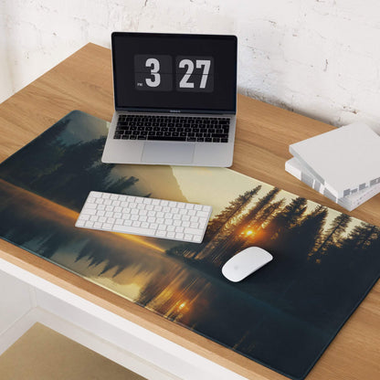Large nature-inspired sunrise forest lake gaming mouse pad with edge stitching