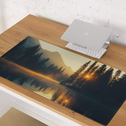 Nature inspired sunrise forest lake gaming mouse pad with serene sunset scene