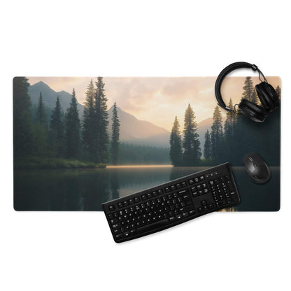 Nature inspired gaming mousepad with misty lake sunrise reflections