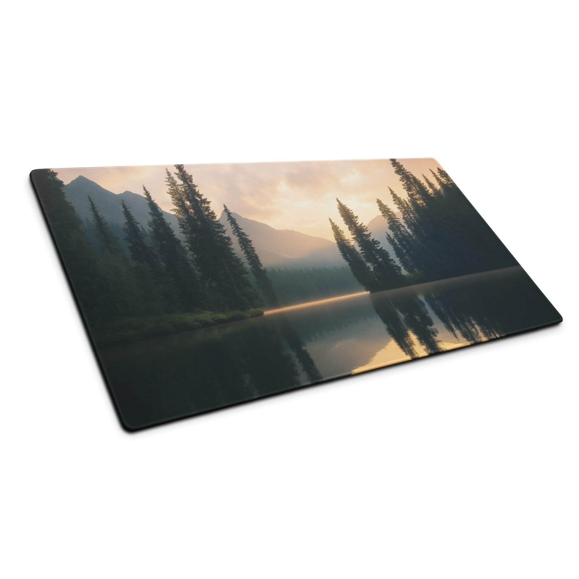 Nature-inspired gaming mouse pad with serene mountain lake sunrise scene