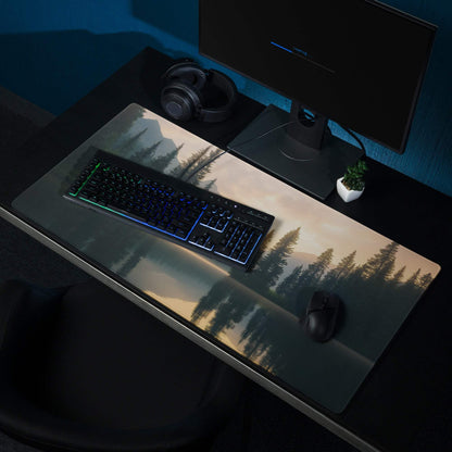 Nature-inspired gaming mousepad with misty lake reflections and warm sunrise tones
