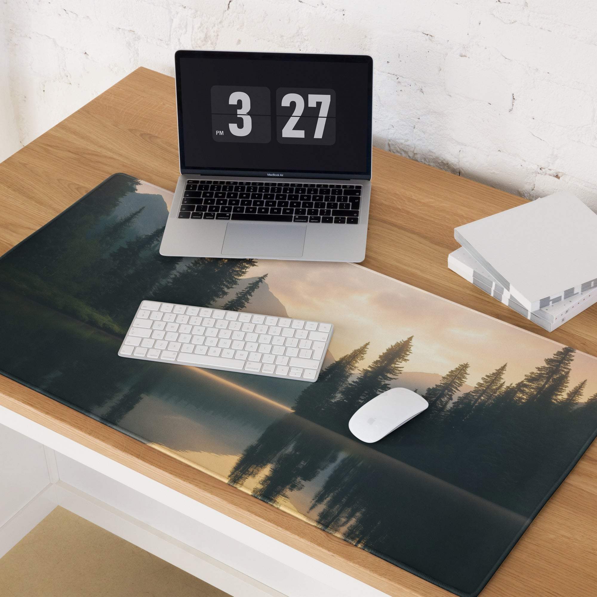 Nature-inspired gaming mouse pad with misty lake reflections and sunrise pines