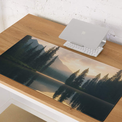 Nature-inspired gaming mouse pad with misty lake reflections and warm sunrise tones