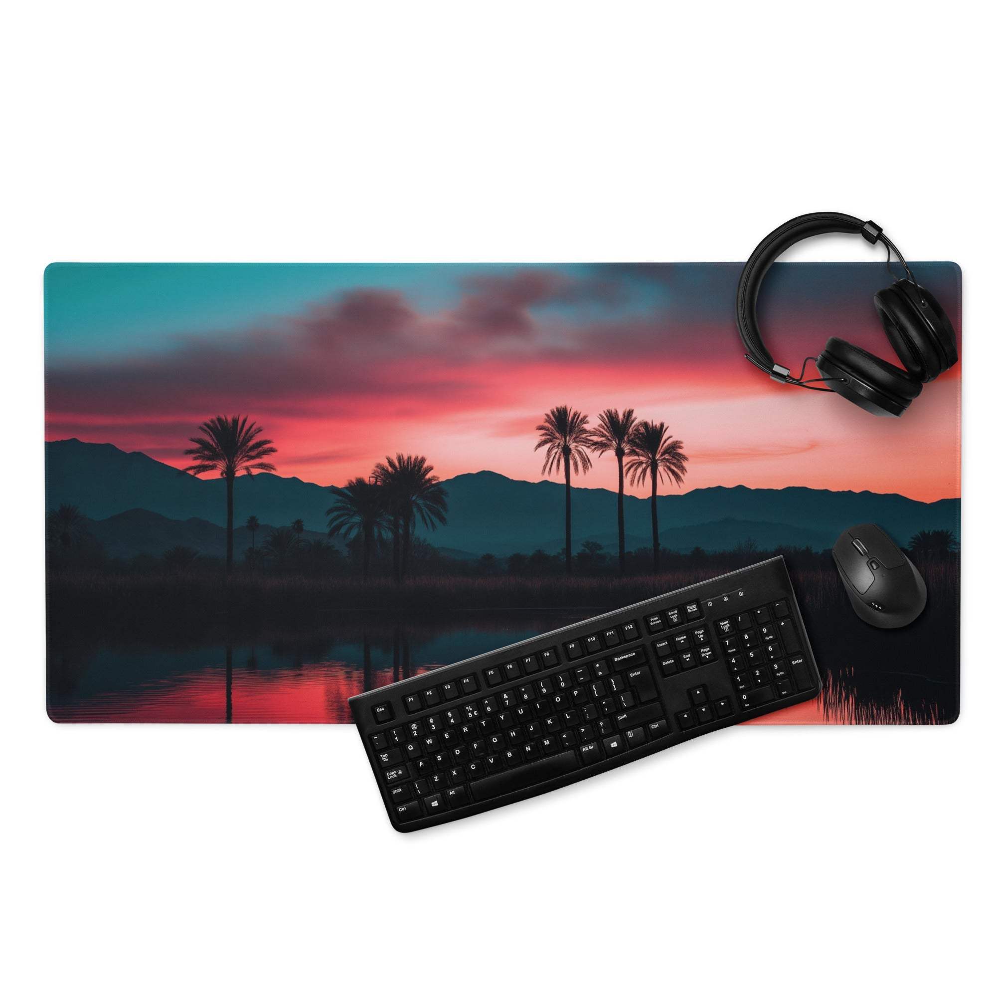 Dreamy sunset palm landscape gaming mouse pad with vibrant twilight colors