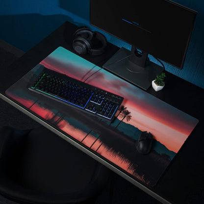Dreamy sunset palm gaming mouse pad with vibrant twilight hues