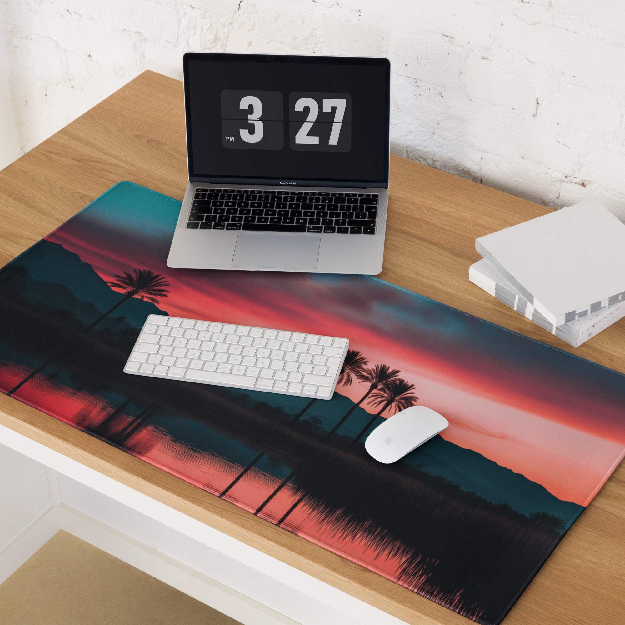 Dreamy sunset palm landscape gaming mouse pad with vibrant twilight and non-slip backing