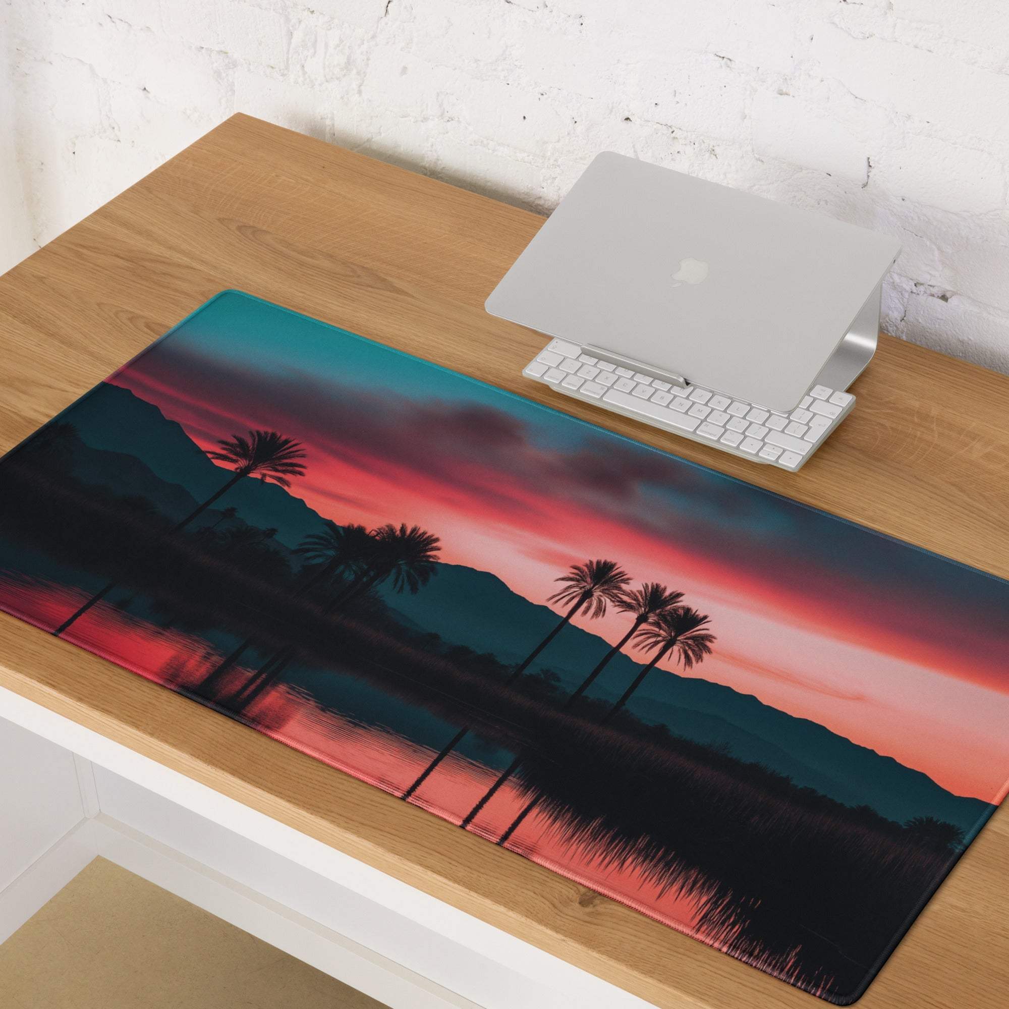 Dreamy sunset palm landscape gaming mouse pad with teal pink teal non-slip backing