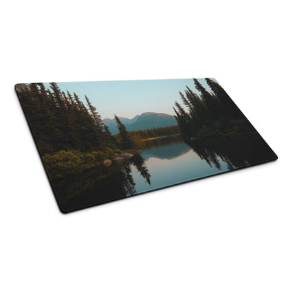 Calm blue forest lake mouse pad with serene trees mountains reflection