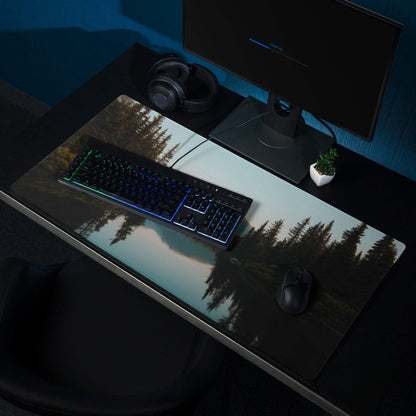 Calm blue forest lake gaming mouse pad with serene pines and non-slip base