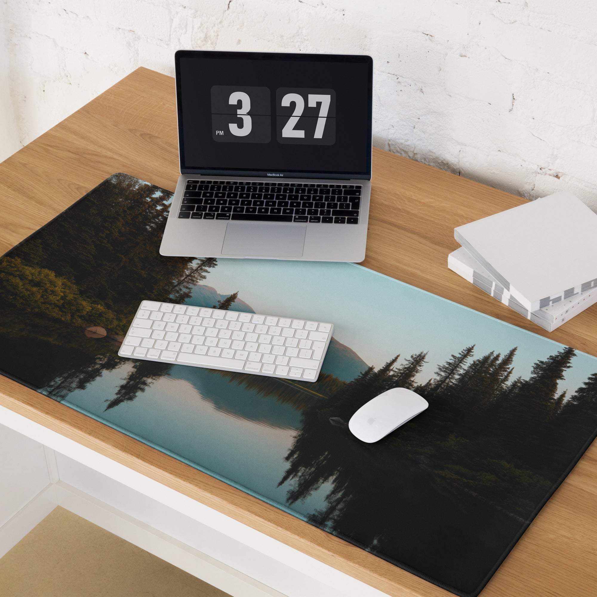 Calm blue forest lake gaming mouse pad with serene trees in mirror water