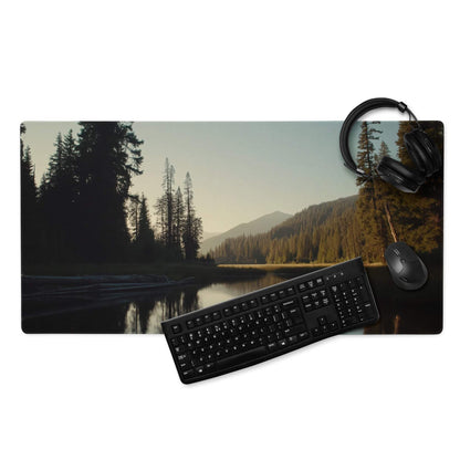 Black keyboard on forest lake mouse pad with pines, mountains, golden light