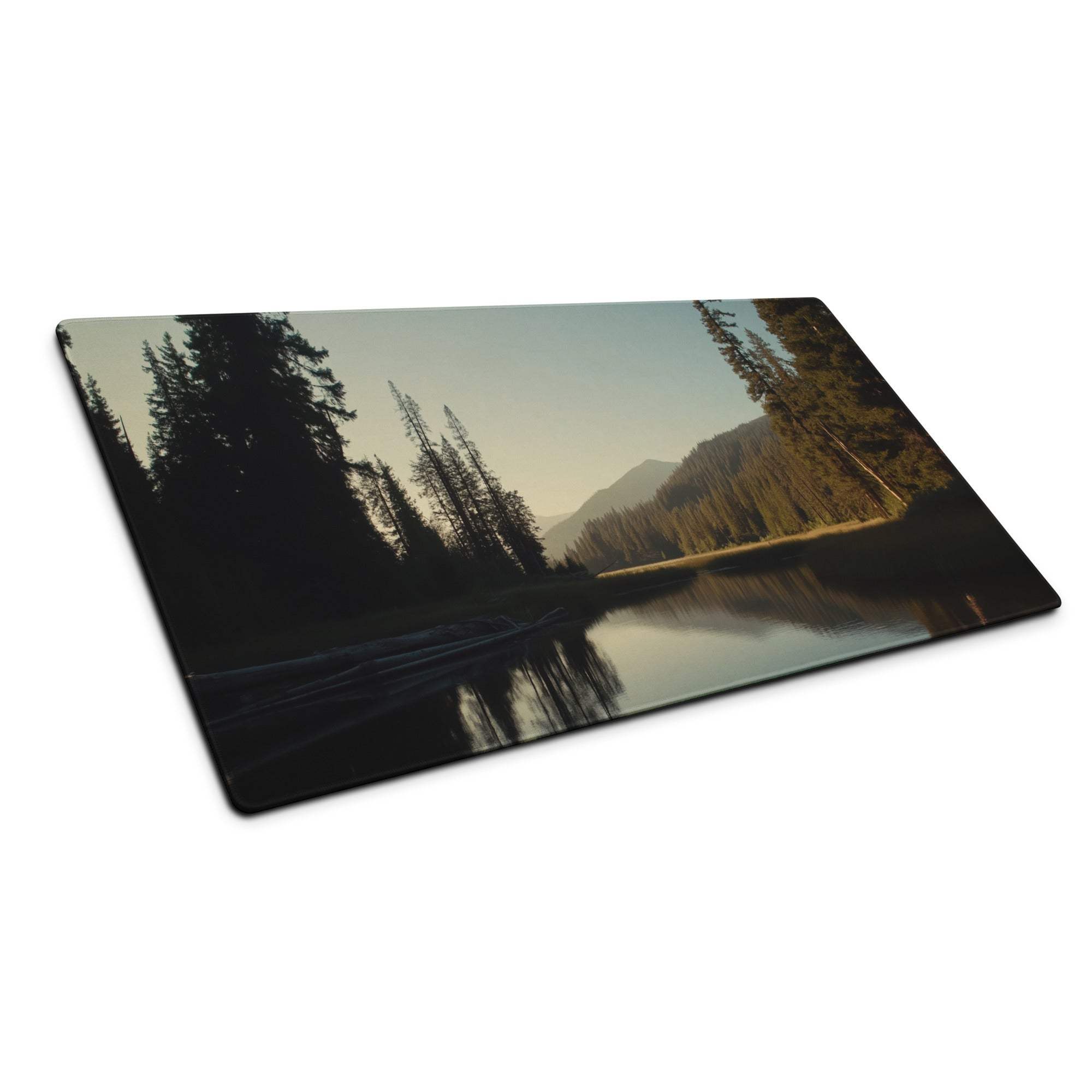 Forest lake scene glass cutting board with evergreen trees and mountains