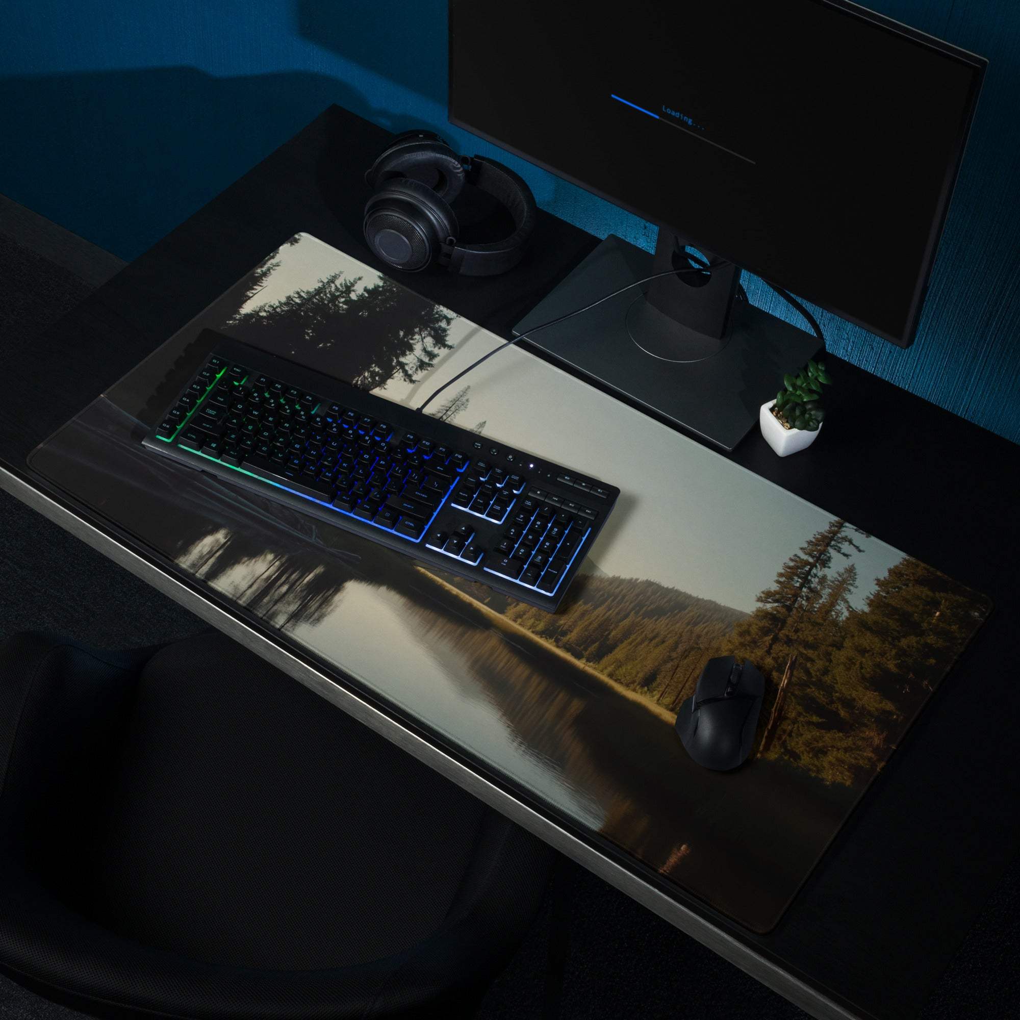 Black gray forest lake gaming mousepad glossy finish large non-slip base