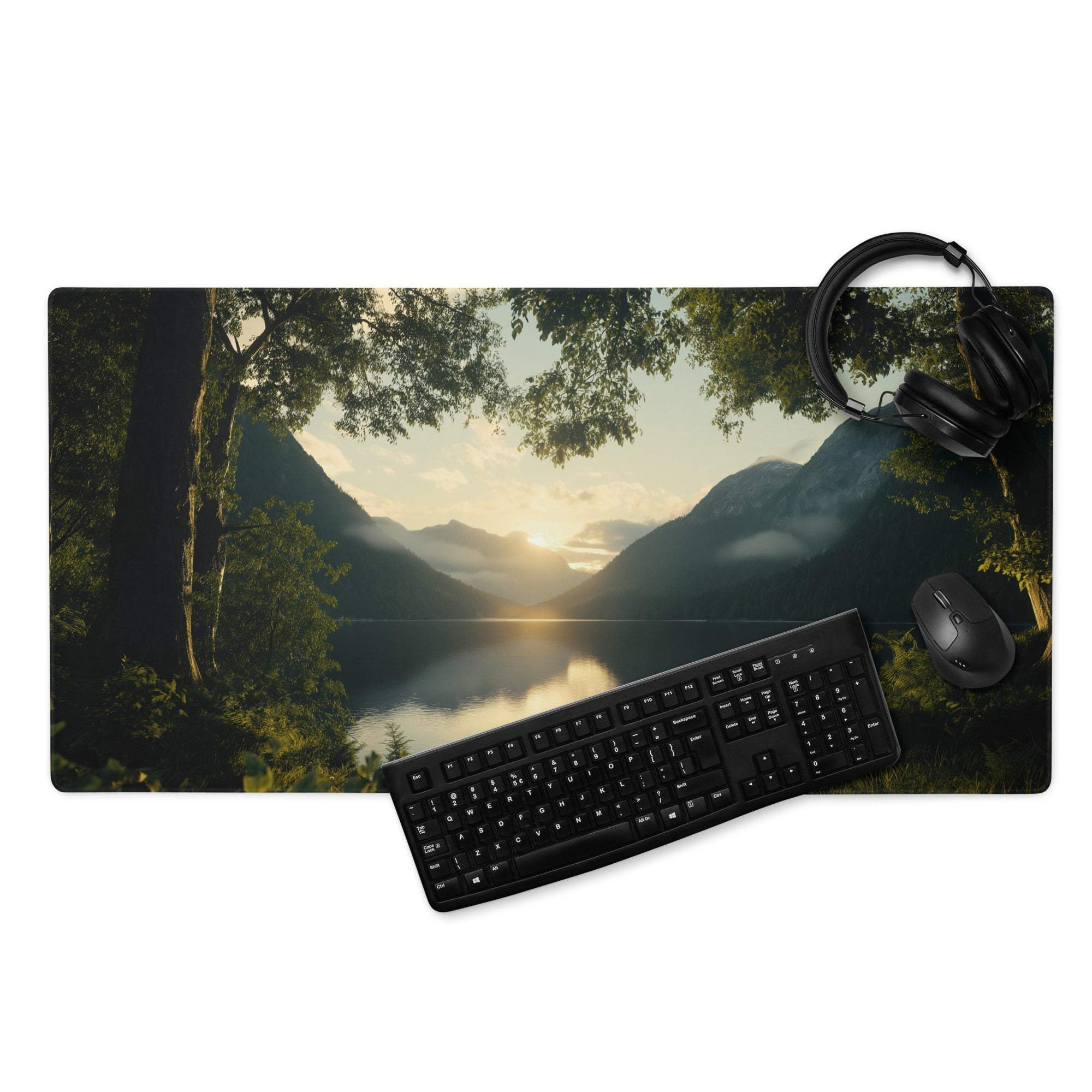 Serene sunset mountain lake gaming mouse pad with non-slip base
