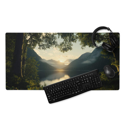 Serene sunset mountain lake gaming mouse pad with non-slip base