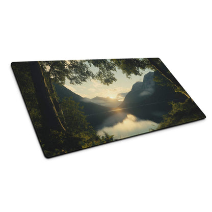 Serene sunset misty mountains mouse pad on cutting board, non-slip base