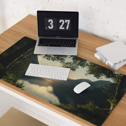 Serene sunset landscape gaming mouse pad with trees, mountains, water reflection