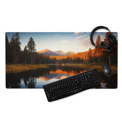 Autumn forest landscape wide gaming mouse pad with mountains, lake at sunset