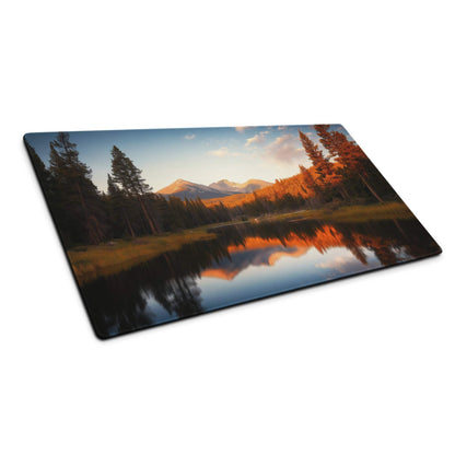 Rectangular glass cutting board with serene mountain lake sunset scene