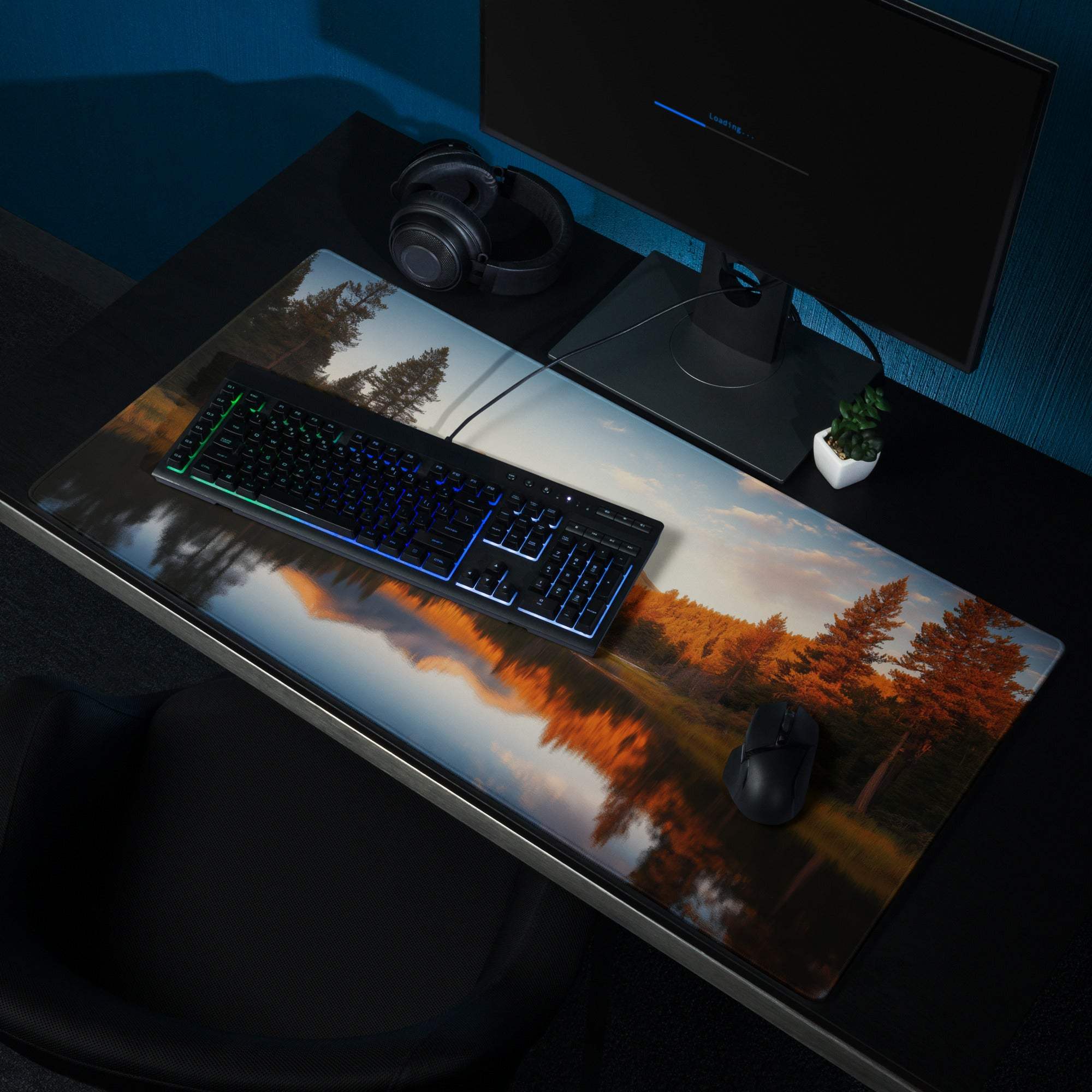 Autumn Forest gaming mouse pad with orange trees, water reflection, non-slip base