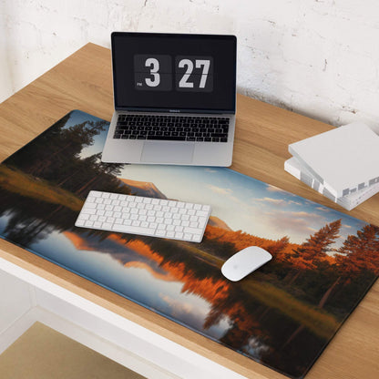 Autumn forest landscape wide gaming mouse pad with vivid trees and mountains