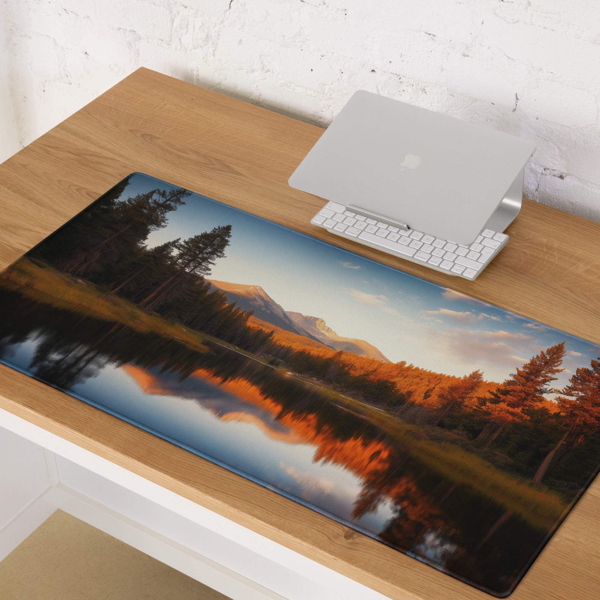 Autumn forest landscape wide gaming mouse pad with mountains reflection