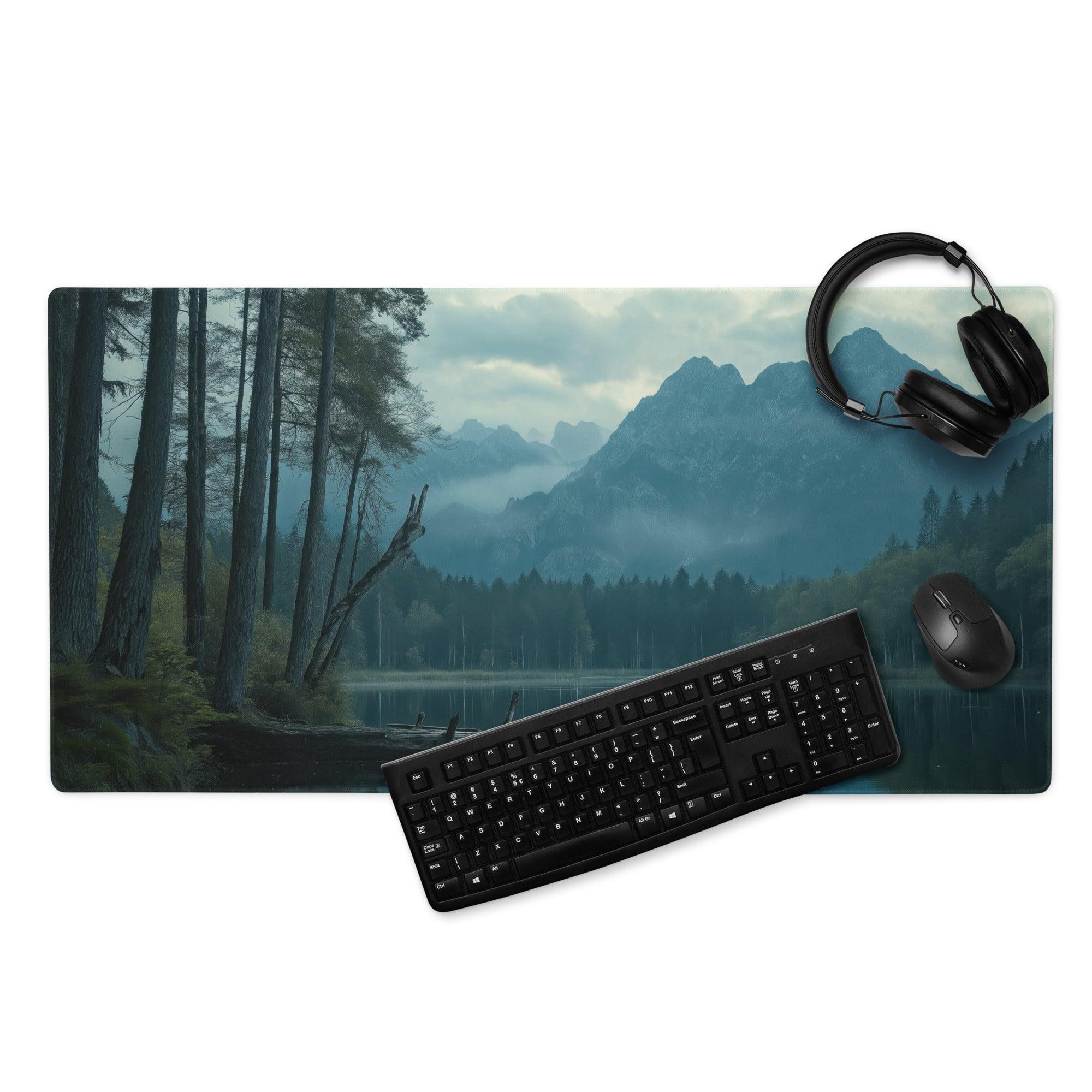 Moody Blue Mountain Lake gaming mouse pad with misty mountains and trees