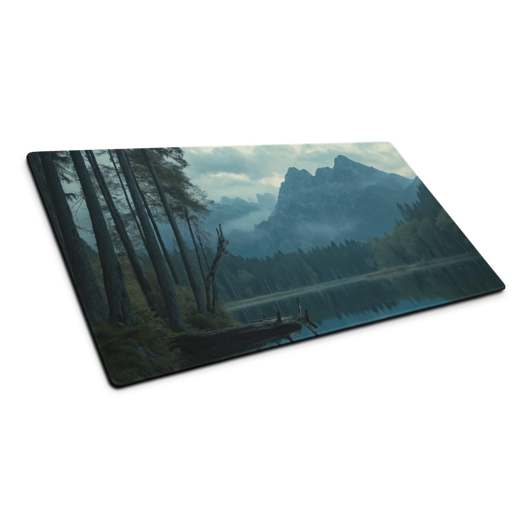 Moody blue mountain lake gaming mouse pad with serene scene and non-slip base
