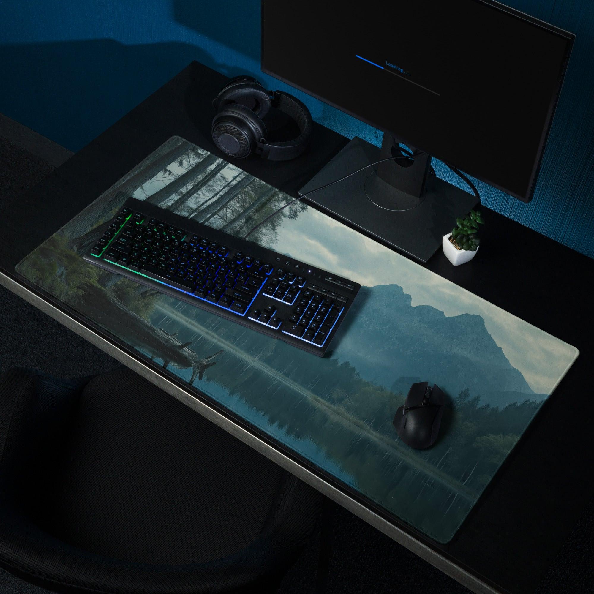 Moody Blue Mountain Lake gaming mousepad with forest and mountain landscape