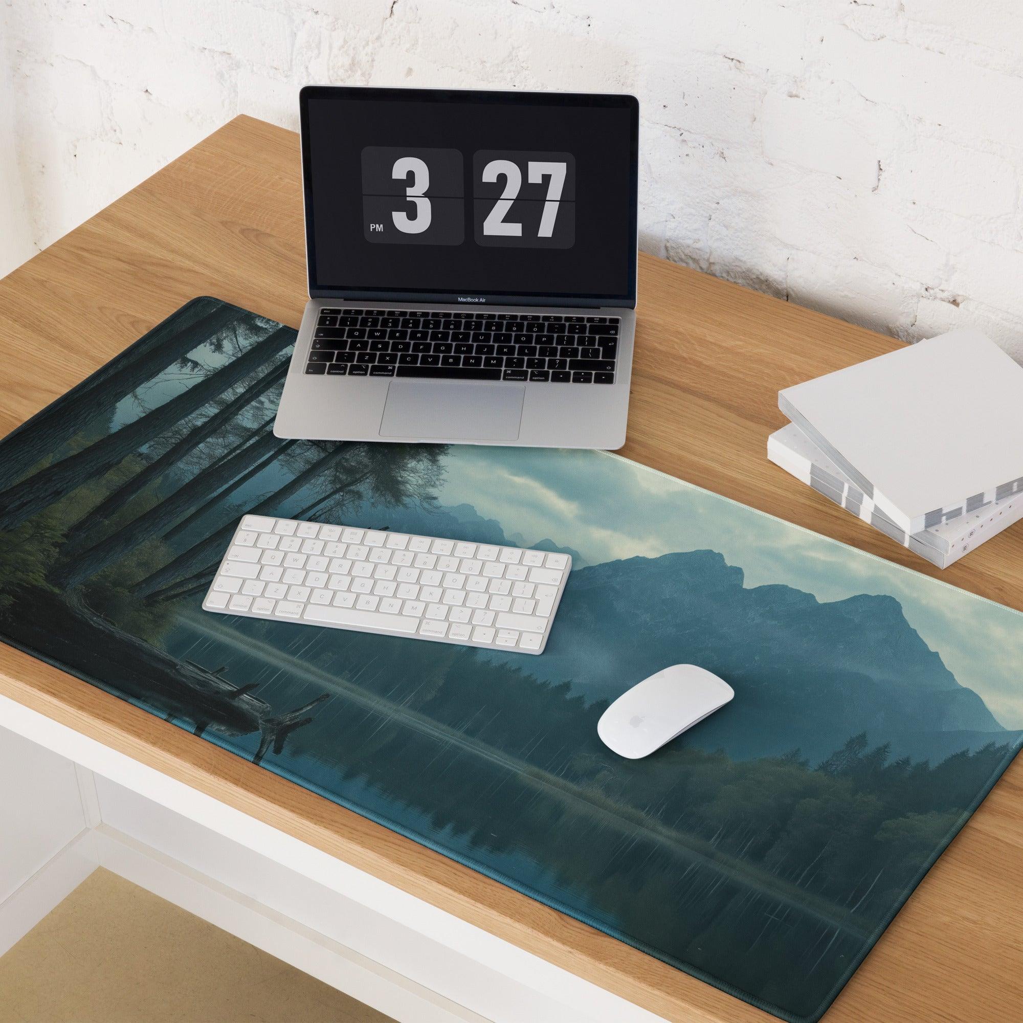 Moody Blue Mountain Lake gaming mousepad with forest trees and misty mountains