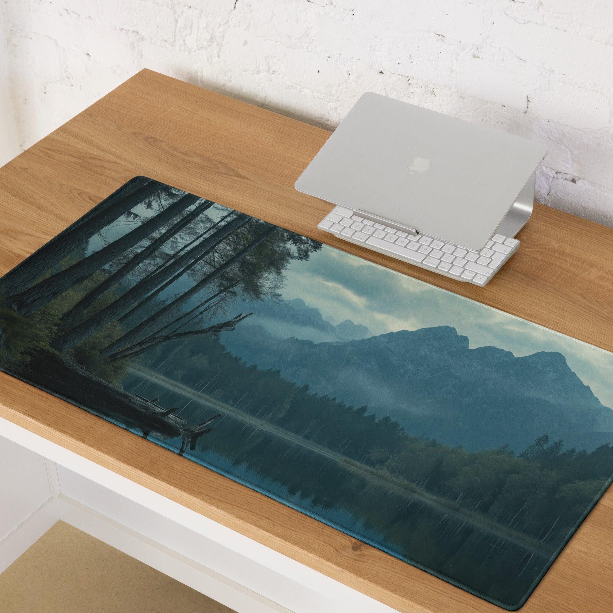 Moody Blue Mountain Lake gaming mousepad with misty mountains design