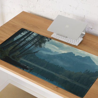 Moody Blue Mountain Lake gaming mousepad with misty mountains design