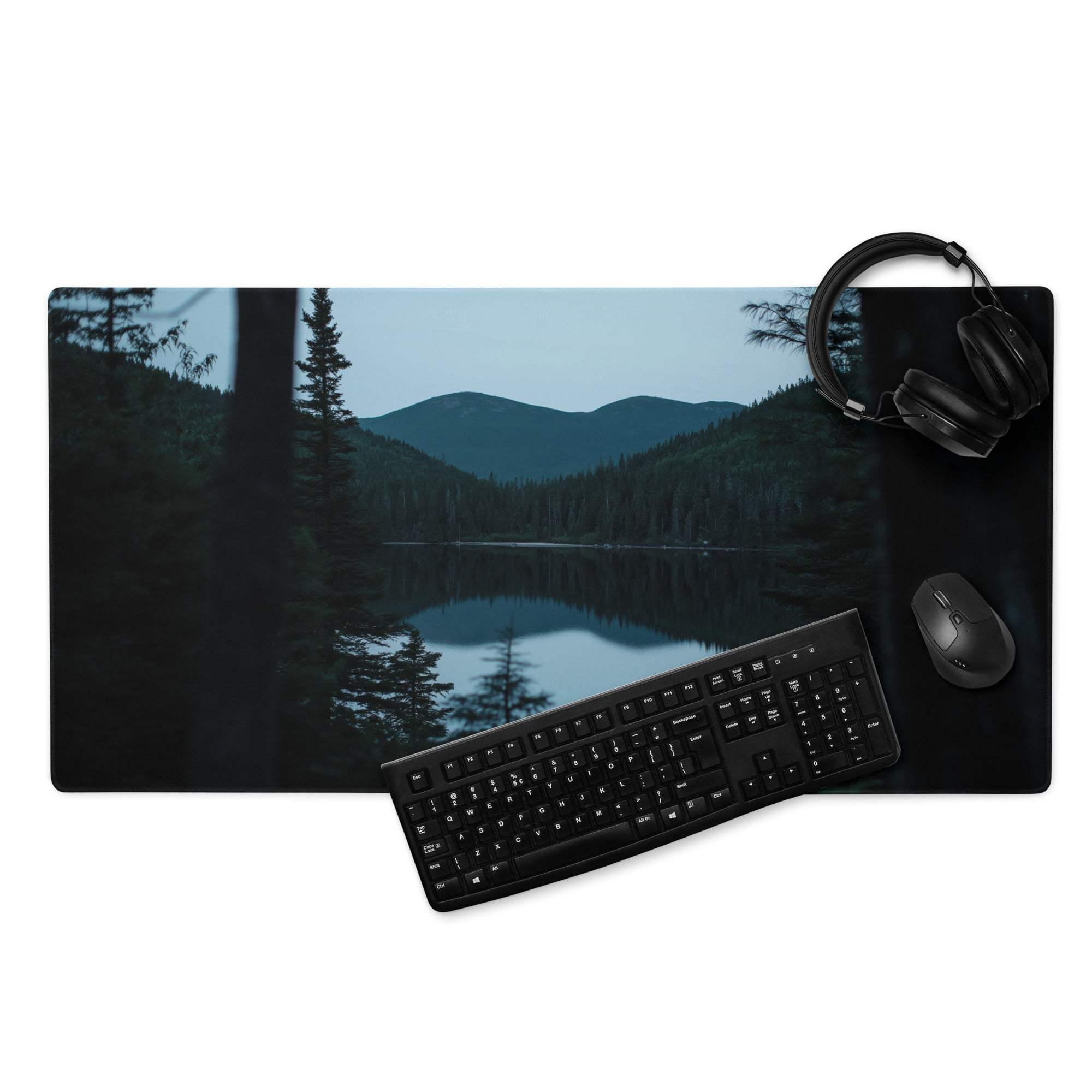 Forest Serenity large gaming mouse pad with dark lake and pine landscape