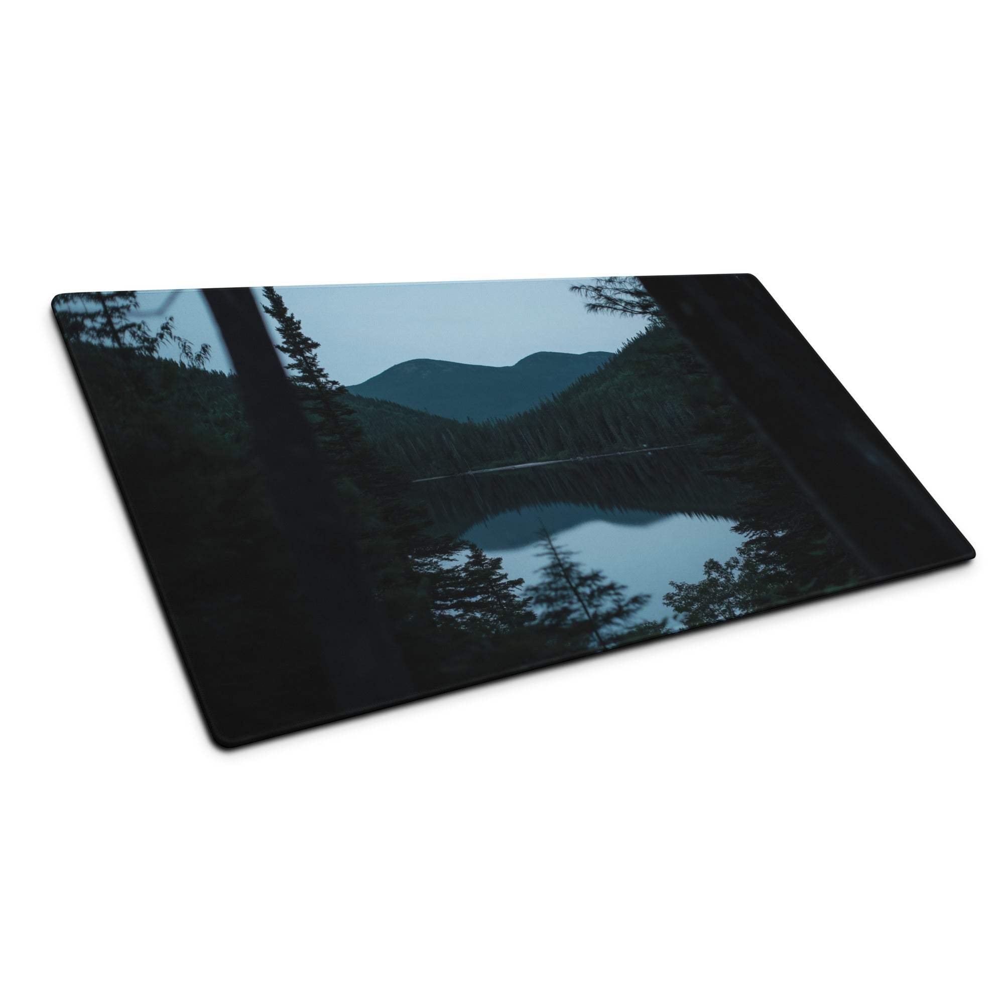 Black rectangular cutting board with serene Forest Serenity lake scene