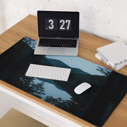 Black desk mat with scenic mountain lake print on Forest Serenity gaming mouse pad