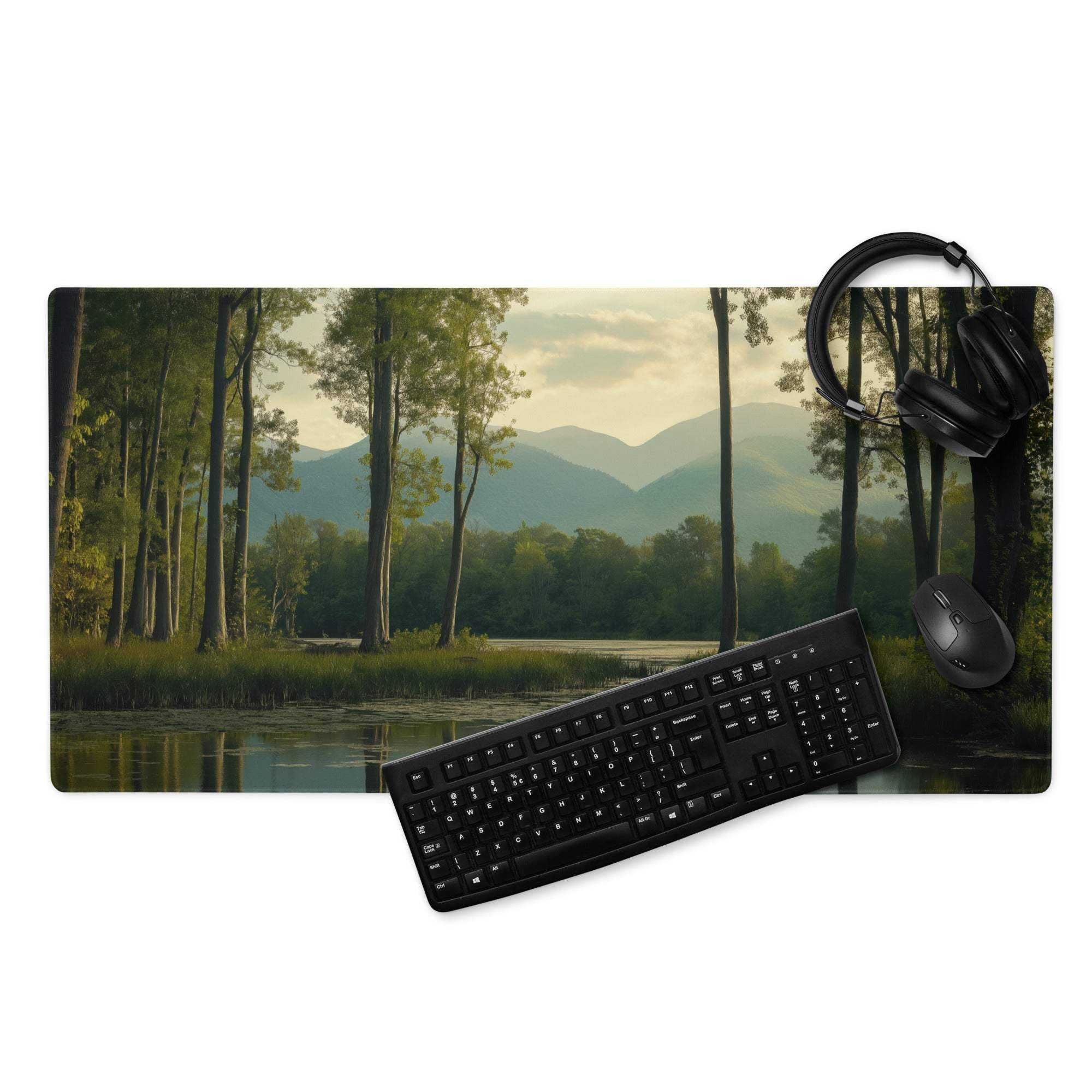 Dark Forest gaming mouse pad with serene forest scene, edge stitching, non-slip base