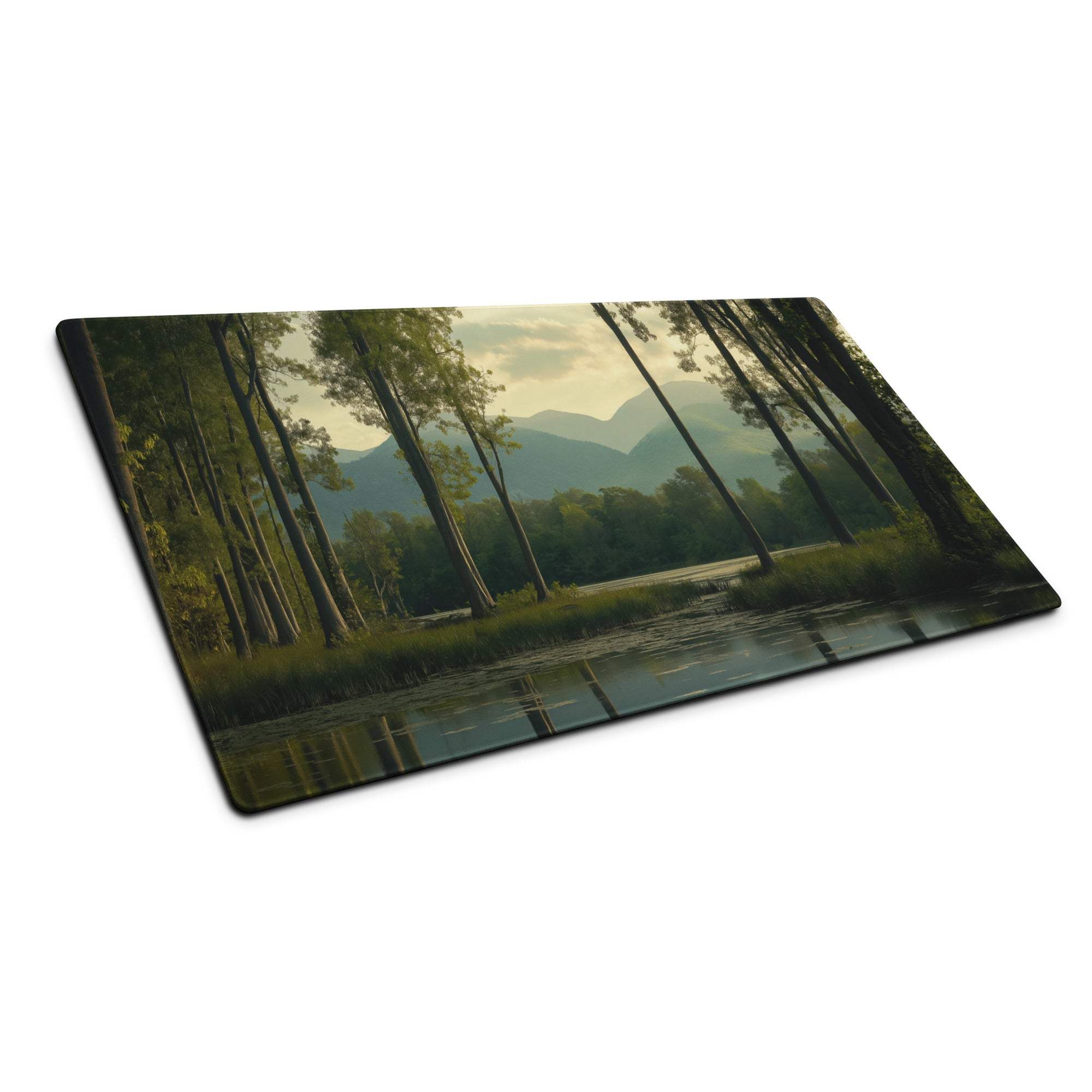 Large dark forest night scene gaming mouse pad with serene trees, water, mountains, blue mood, edge stitching, non-slip base